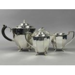 A SILVER PLATED THREE PIECE TEA SERVICE AND OTHER PLATED ITEMS
