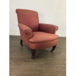 A PINK UPHOLSTERED ARMCHAIR
