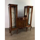 AN EDWARDIAN MAHOGANY AND INLAID DOUBLE DISPLAY CABINET