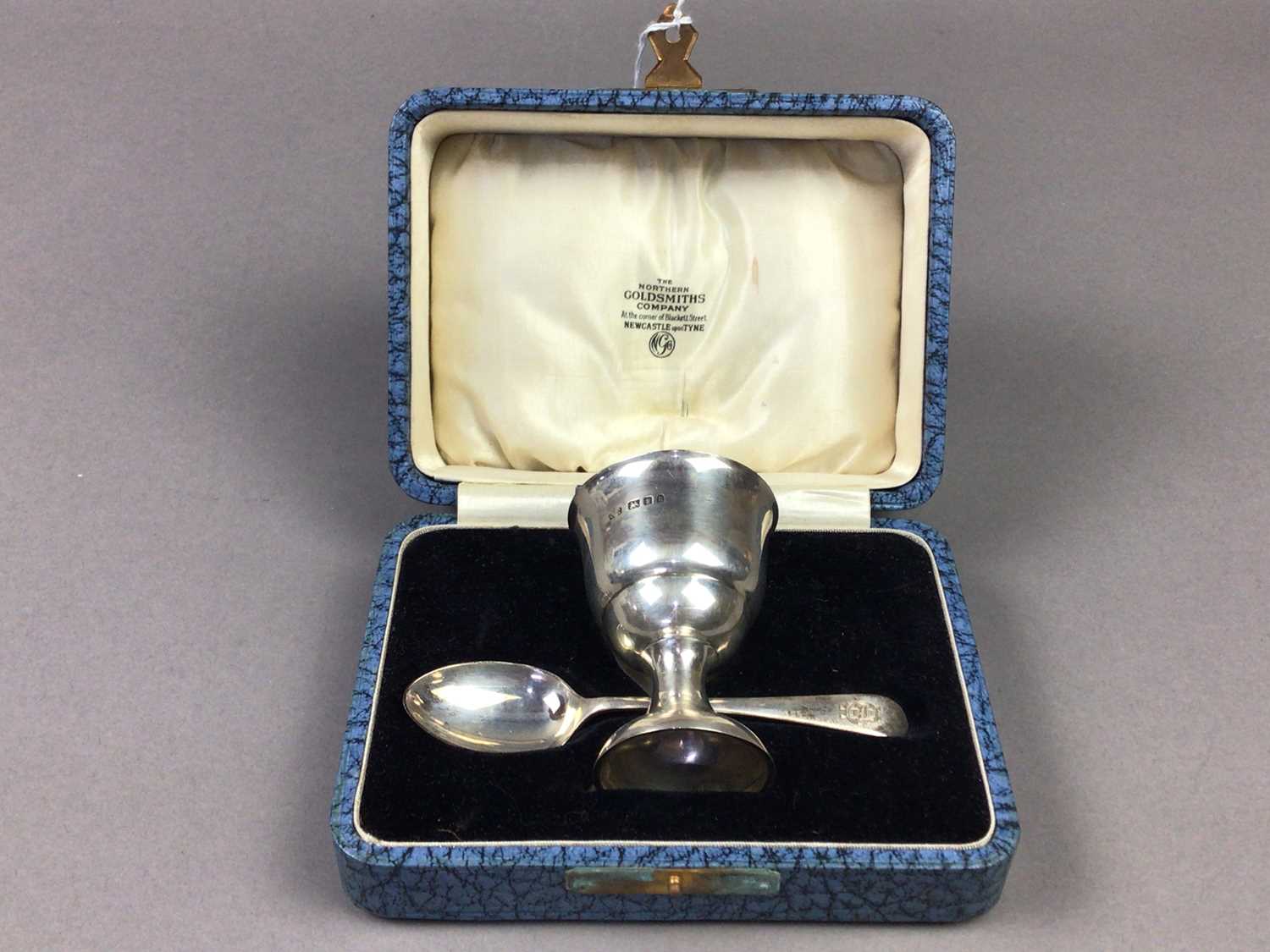 A SILVER CHRISTENING SET, CASED CUTLERY AND NAPKIN RINGS