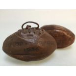 TWO EARLY 20TH CENTURY OXFORD VS CAMBRIDGE SOUVENIR RUGBY BALLS