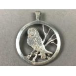 A SILVER OWL PENDANT, SILVER ANIMAL BROOCH AND ONE OTHER
