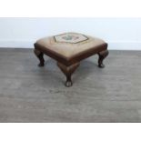 A MAHOGANY FOOTSTOOL, TWO OTHER STOOLS AND A FIRESCREEN