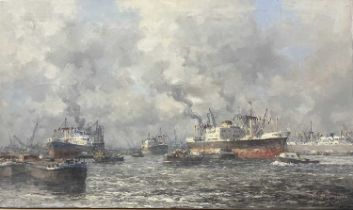 SHIPPING IN ROTTERDAM HARBOUR, AN OIL BY MARINUS JOHANNES DRULMAN DE JONGERE