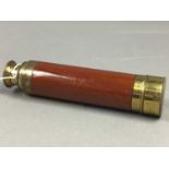 A BRASS AND WOOD TELESCOPE, SPIRIT LEVELS, HIP FLASKS, HANDBELL AND OTHER ITEMS