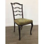 A MAHOGANY LADDER BACK CHAIR, TWO OTHER CHAIRS AND A TABLE