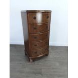 A REPRODUCTION MAHOGANY BOW FRONT FIVE DRAWER CHEST