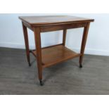 A MID-CENTURY TURNOVER CARD TROLLEY, NEST OF TABLES, LAMP AND FOOTSTOOL