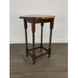 AN OAK OCCASIONAL TABLE AND PRINTS