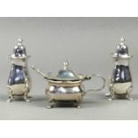 A SILVER SIX PIECE CRUET SET AND SIX SPOONS