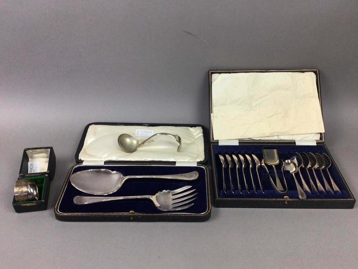 A SILVER CHRISTENING SET, CASED CUTLERY AND NAPKIN RINGS - Image 2 of 2