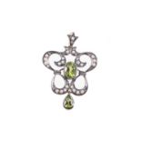 A PERIDOT, DIAMOND AND SEED PEARL PENDANT