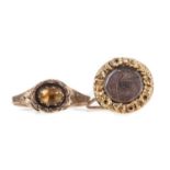 A GEORGIAN RING ALONG WITH A VICTORIAN HAIRWORK MOURNING BROOCH