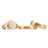 TWO GOLD WEDDING BANDS AND A SIGNET RING