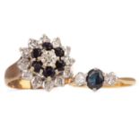 A SAPPHIRE AND DIAMOND THREE STONE RING AND A CLUSTER RING