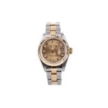 A LADY'S ROLEX OYSTER PERPETUAL DATEJUST STAINLESS STEEL BICOLOUR AUTOMATIC WRIST WATCH