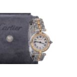 A LADY'S CARTIER STAINLESS STEEL QUARTZ WRIST WATCH