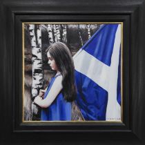 YOUNG GIRL WITH SALTIRE, AN OIL BY GERARD BURNS