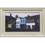 STREET SCENE WITH WHITE AND BLUE HOUSES, AN OIL BY DAVID COOPER