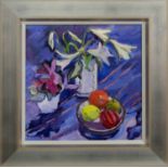 LILIES AND FRUIT, AN OIL BY MARGARET BALLENTYNE