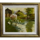 THE WATERING PLACE, AN OIL BY JOHN HASKINS