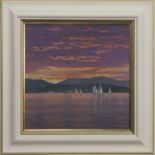 TWILIGHT REGATTA AGAINST A COWAL SHORE, AN OIL BY WILLIAM DOBBIE