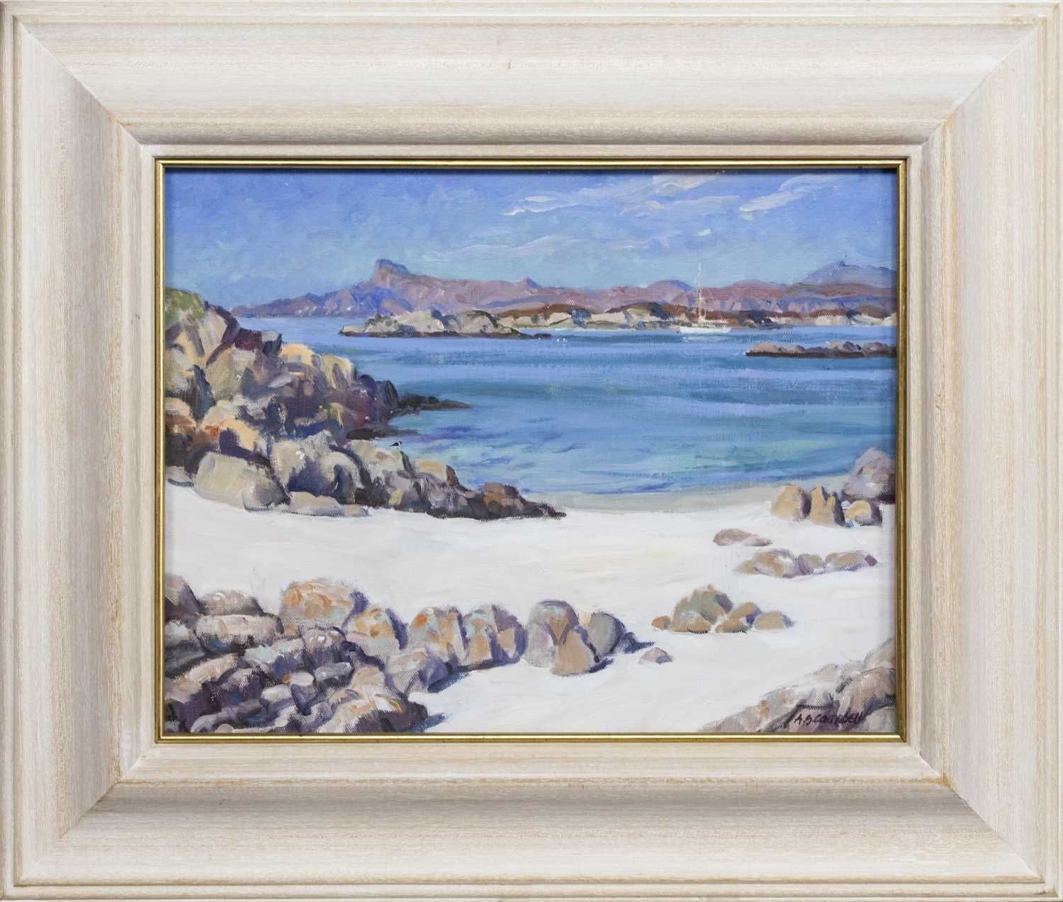 TOWARDS EIGG: SOUNDS OF ARISAIG, AN OIL BY ANTHONY CAMPBELL