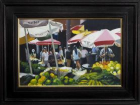 THE FRUIT MARKET, FUNCHAL, AN OIL BY ALASTAIR THOMSON