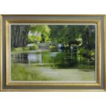 REFLECTIONS, CANAL DU MIDI, NEAR COLOMIERS, AN OIL BY JACK MORROCCO