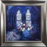 CATHEDRAL WINDOW WITH FLOWERS, A LARGE OIL BY JOLOMO