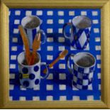 STILL LIFE WITH 4 MUGS AND ORANGE CUTLERY ON A BLUE AND WHITE CLOTH, AN OIL BY JONATHAN CHAPMAN