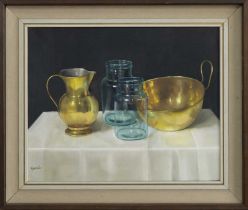 STILL LIFE WITH JARS, AN OIL BY ANDRAS GOMBAR