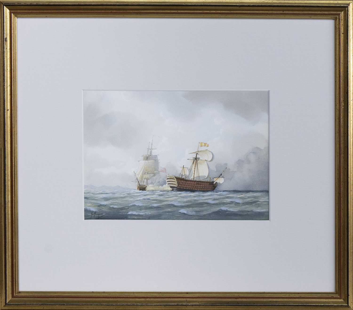 SANTISIMA TRINIDAD, ENGAGED WITH HMS TERPSICHORE, A WATERCOLOUR BY TIM THOMPSON