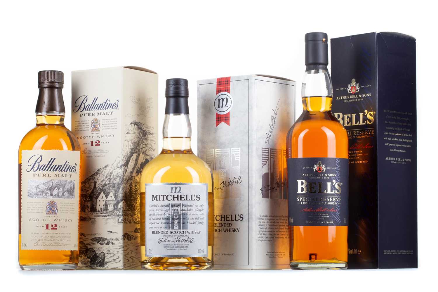 BALLANTINE'S 12 YEAR OLD PURE MALT, BELL'S SPECIAL RESERVE AND MITCHELL'S BLEND