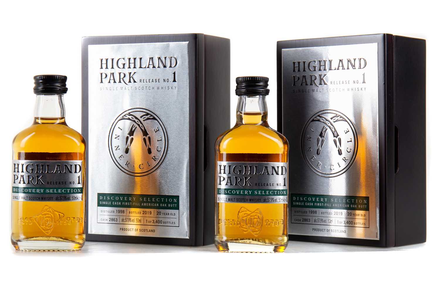 TWO HIGHLAND PARK 1998 20 YEAR OLD DISCOVERY SELECTION CASK #2863 MINIATURES