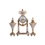 A LATE 19TH CENTURY MARBLE AND BRASS CLOCK GARNITURE
