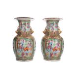 A PAIR OF CANTONESE BALUSTER TWIN HANDLED VASES