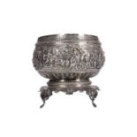AN IMPRESSIVE EARLY 20TH CENTURY BURMESE SILVER BOWL ON STAND
