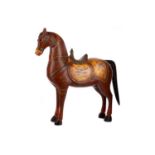 AN INDIAN HAND CARVED AND PAINTED WOODEN HORSE SCULPTURE