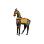AN INDIAN CARVED AND PAINTED WOODEN HORSE SCULPTURE