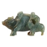 CHINESE DARK CELADON JADE CARVING OF A WATER BUFFALO AND YOUNG