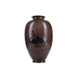 AN ATTRACTIVE JAPANESE OVOID BRONZE VASE WITH SHAKUDO AND COPPER INLAY