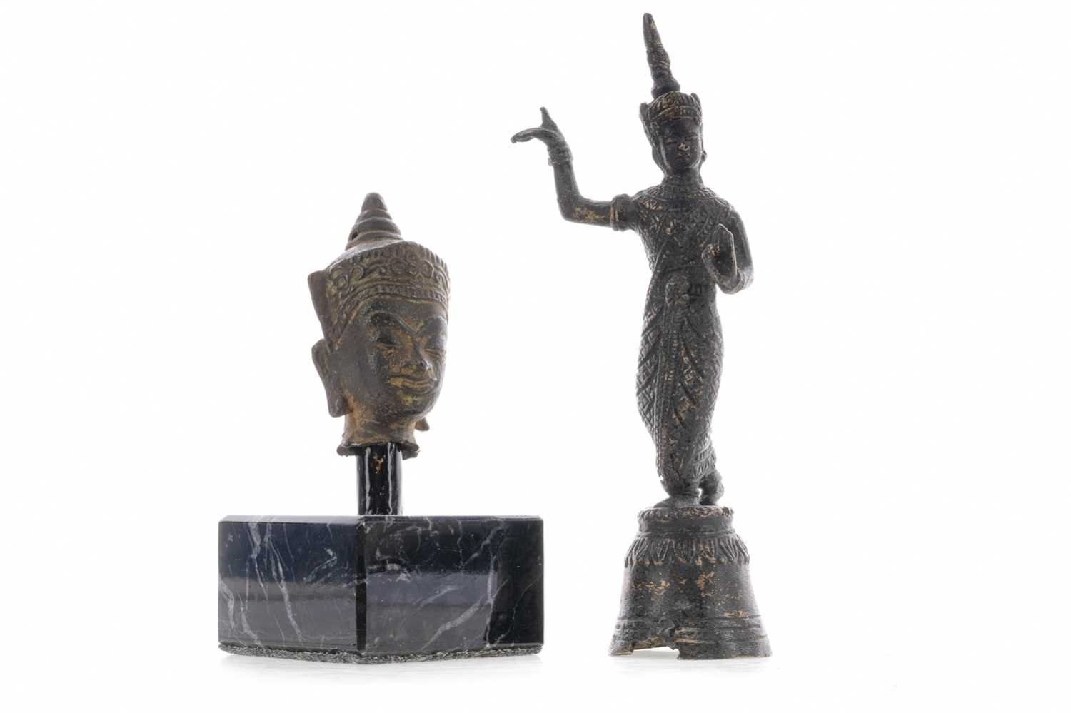 A CAMBODIAN BRONZE STATUE OF APSARA OR DANCING DEVATA AND A SMALL BUST