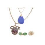 TWO PENDANTS ON CHAINS, PAIR OF GREEN HARDSTONE EARRINGS AND A SINGLE EARRING