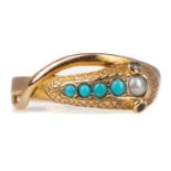 A VICTORIAN TURQUOISE AND PEARL SERPENT RING