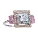 AN AQUAMARINE, DIAMOND AND PINK SAPPHIRE RING