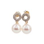 A PAIR OF PEARL AND DIAMOND EARRINGS