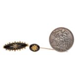 TWO VICTORIAN MOURNING BROOCHES AND A SILVER CROWN