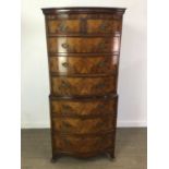 A REPRODUCTION BURR WALNUT BOWFRONTED CHEST-ON-CHEST OF GEORGIAN DESIGN