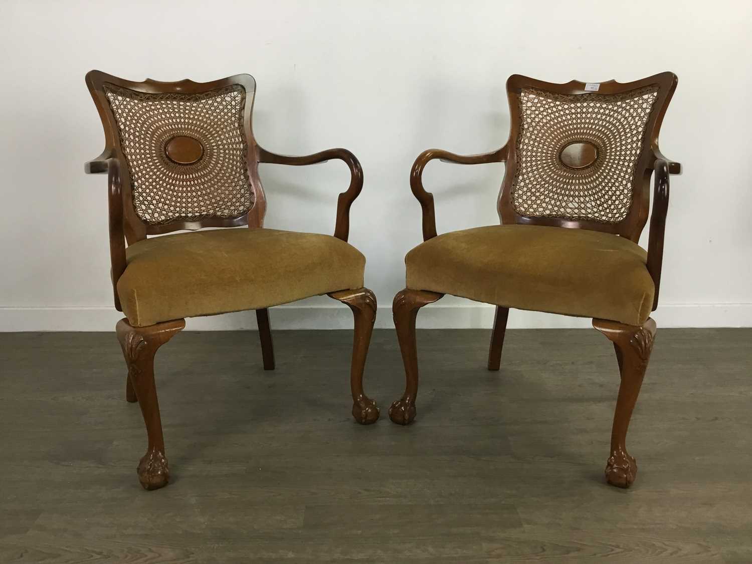 A PAIR OF EARLY 20TH CENTURY WALNUT FRAMED BERGERE SHEPHERD'S CROOK ARMCHAIRS